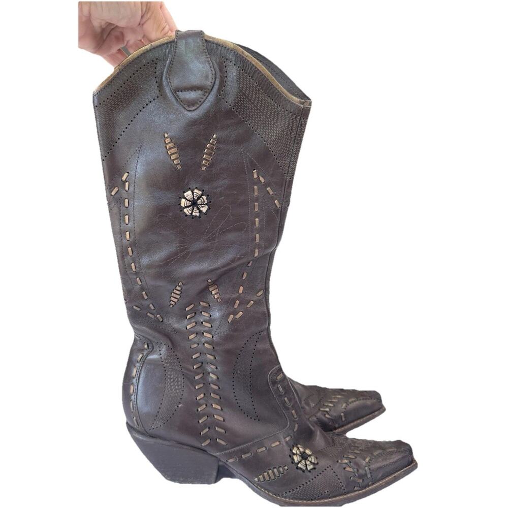 BCBGirls Y2K Brown Leather Western Knee High Studded Embroidered Zip Boots Sz 8